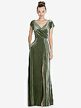 Front View Thumbnail - Sage Cap Sleeve Faux Wrap Velvet Maxi Dress with Pockets