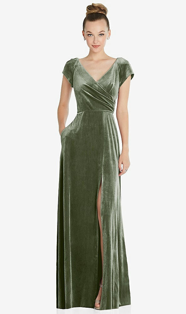 Front View - Sage Cap Sleeve Faux Wrap Velvet Maxi Dress with Pockets