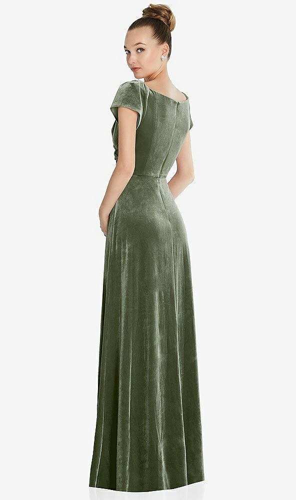 Back View - Sage Cap Sleeve Faux Wrap Velvet Maxi Dress with Pockets