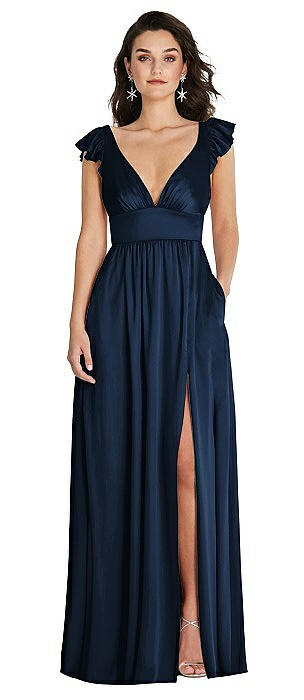 Deep V-Neck Ruffle Cap Sleeve Maxi Dress with Convertible Straps