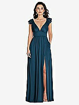 Front View Thumbnail - Atlantic Blue Deep V-Neck Ruffle Cap Sleeve Maxi Dress with Convertible Straps