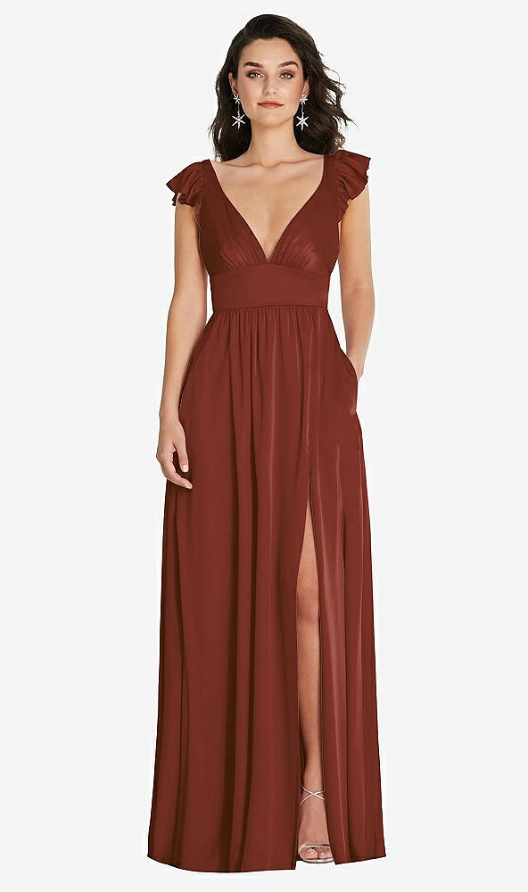 Front View - Auburn Moon Deep V-Neck Ruffle Cap Sleeve Maxi Dress with Convertible Straps