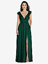 Front View Thumbnail - Hunter Green Deep V-Neck Ruffle Cap Sleeve Maxi Dress with Convertible Straps