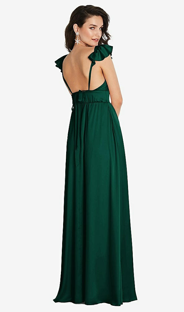 Back View - Hunter Green Deep V-Neck Ruffle Cap Sleeve Maxi Dress with Convertible Straps