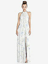 Front View Thumbnail - Bleu Garden Halter Backless Maxi Dress with Crystal Button Ruffle Placket