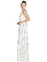 Side View Thumbnail - Bleu Garden Halter Backless Maxi Dress with Crystal Button Ruffle Placket