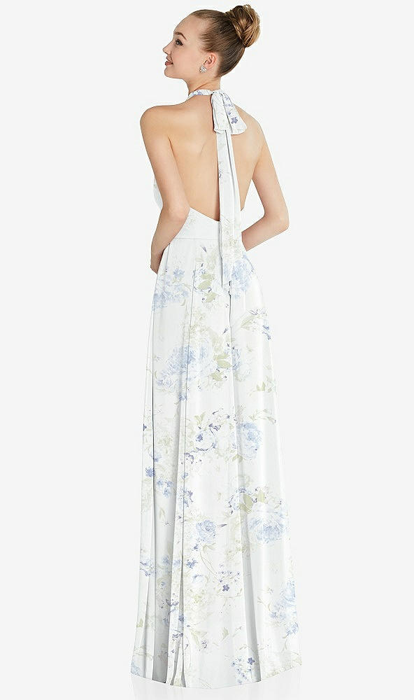 Back View - Bleu Garden Halter Backless Maxi Dress with Crystal Button Ruffle Placket