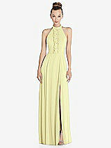 Front View Thumbnail - Butter Yellow Halter Backless Maxi Dress with Crystal Button Ruffle Placket