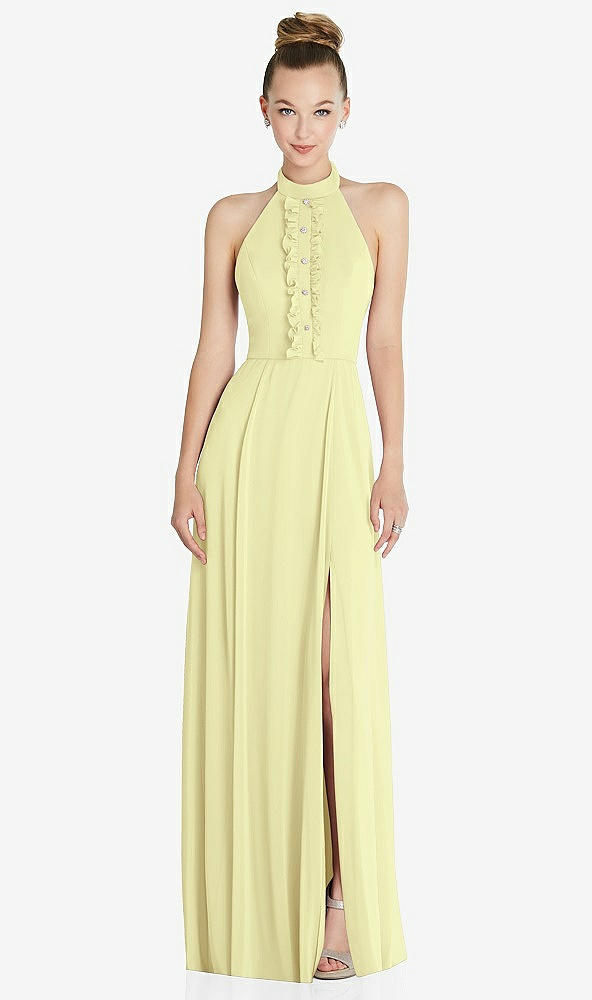 Front View - Butter Yellow Halter Backless Maxi Dress with Crystal Button Ruffle Placket