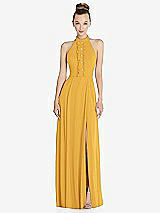 Front View Thumbnail - NYC Yellow Halter Backless Maxi Dress with Crystal Button Ruffle Placket