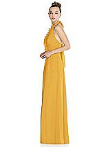 Side View Thumbnail - NYC Yellow Halter Backless Maxi Dress with Crystal Button Ruffle Placket