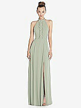 Front View Thumbnail - Celadon Halter Backless Maxi Dress with Crystal Button Ruffle Placket