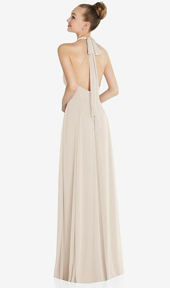 Back View - Oat Halter Backless Maxi Dress with Crystal Button Ruffle Placket