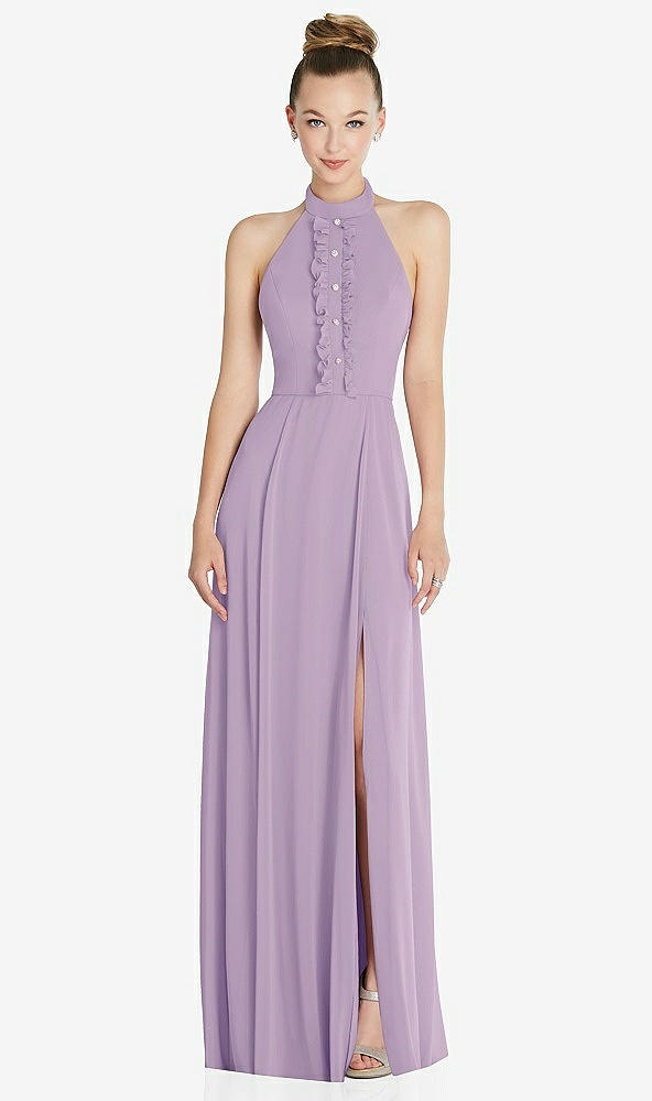 Front View - Pale Purple Halter Backless Maxi Dress with Crystal Button Ruffle Placket