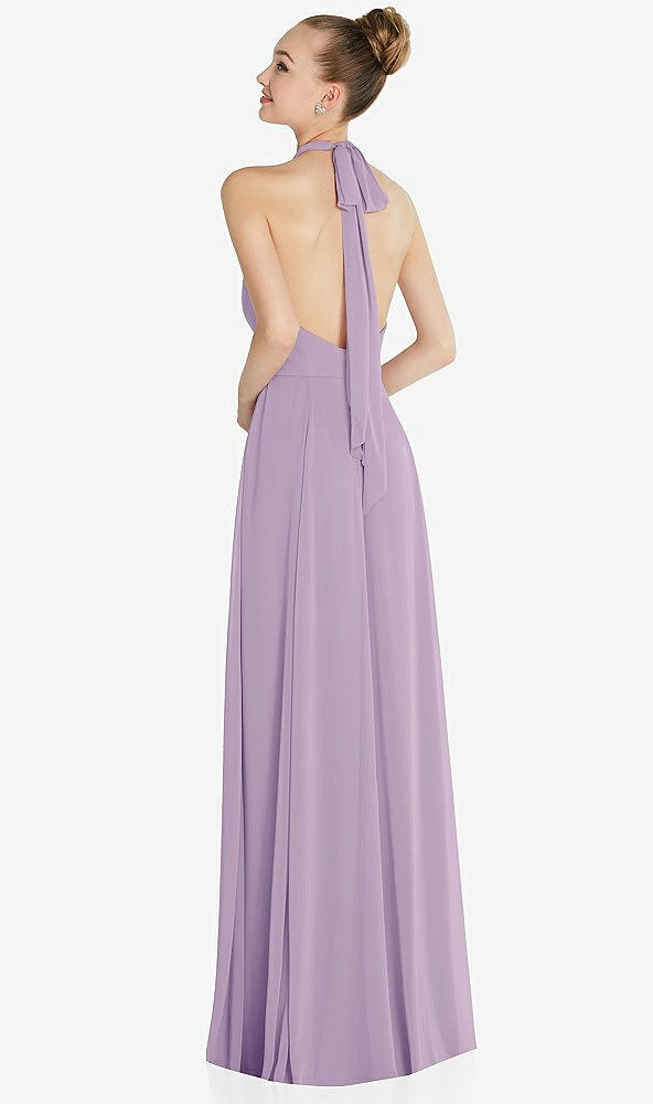 Back View - Pale Purple Halter Backless Maxi Dress with Crystal Button Ruffle Placket