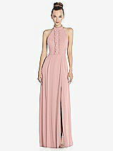 Front View Thumbnail - Rose Quartz Halter Backless Maxi Dress with Crystal Button Ruffle Placket