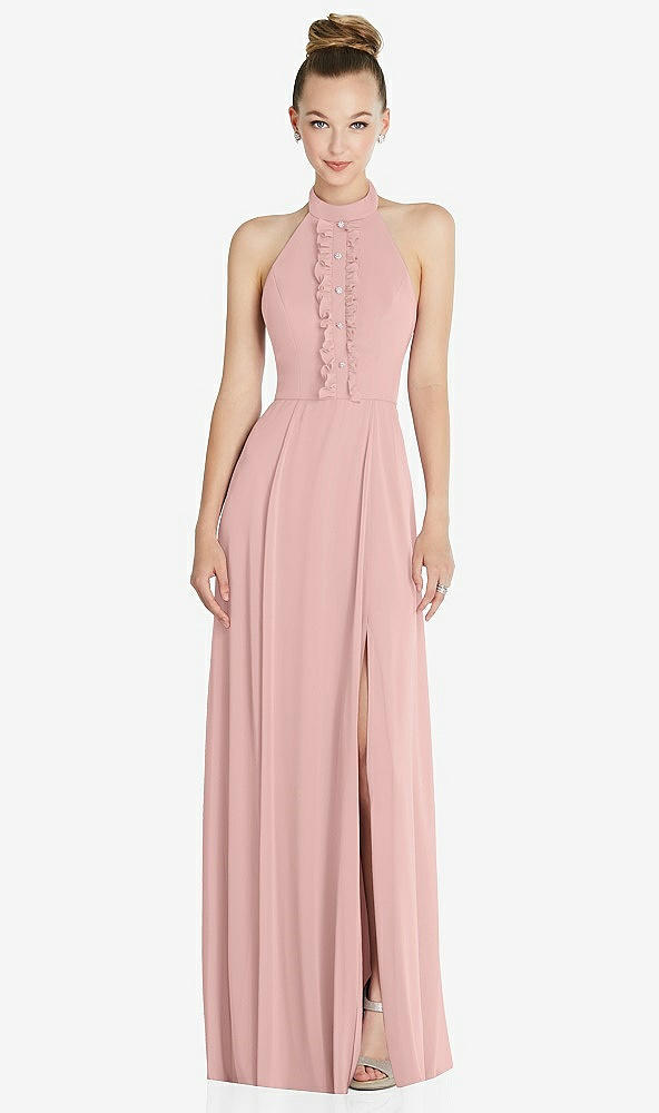 Front View - Rose Quartz Halter Backless Maxi Dress with Crystal Button Ruffle Placket