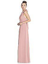 Side View Thumbnail - Rose Quartz Halter Backless Maxi Dress with Crystal Button Ruffle Placket