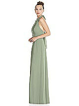 Side View Thumbnail - Sage Halter Backless Maxi Dress with Crystal Button Ruffle Placket