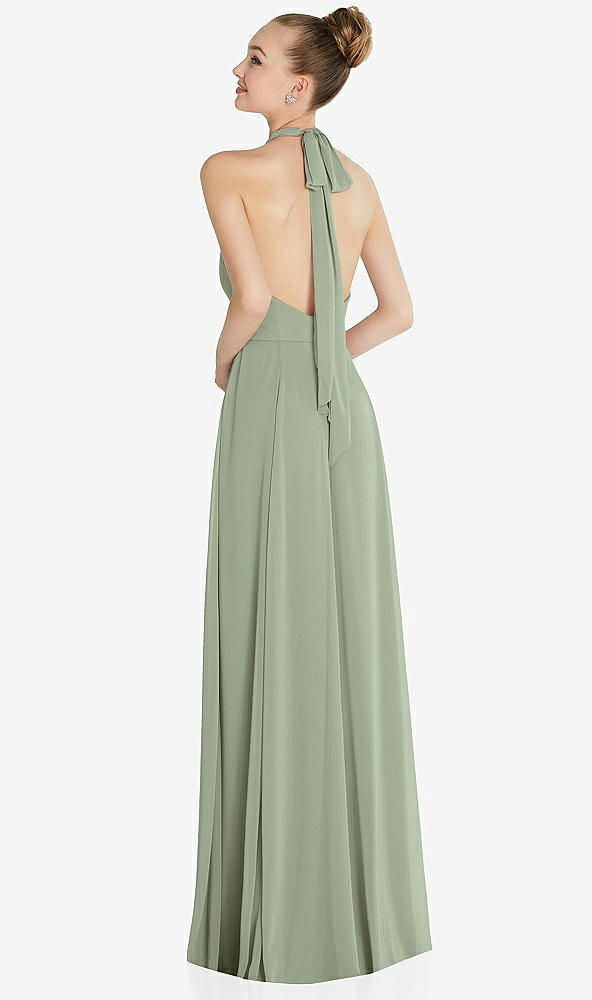 Back View - Sage Halter Backless Maxi Dress with Crystal Button Ruffle Placket