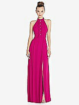 Front View Thumbnail - Think Pink Halter Backless Maxi Dress with Crystal Button Ruffle Placket