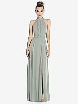 Front View Thumbnail - Willow Green Halter Backless Maxi Dress with Crystal Button Ruffle Placket