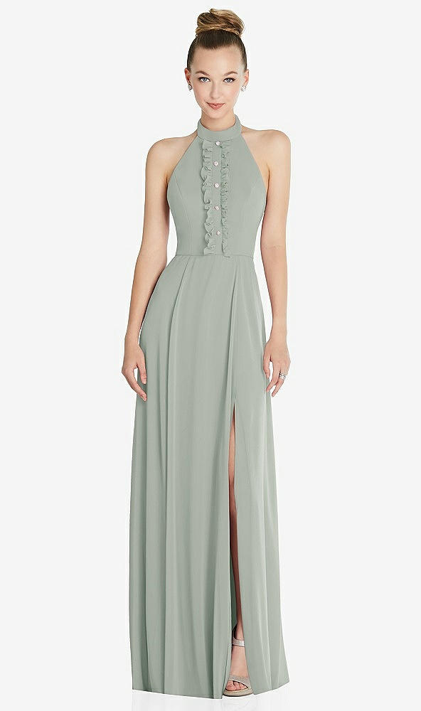 Front View - Willow Green Halter Backless Maxi Dress with Crystal Button Ruffle Placket