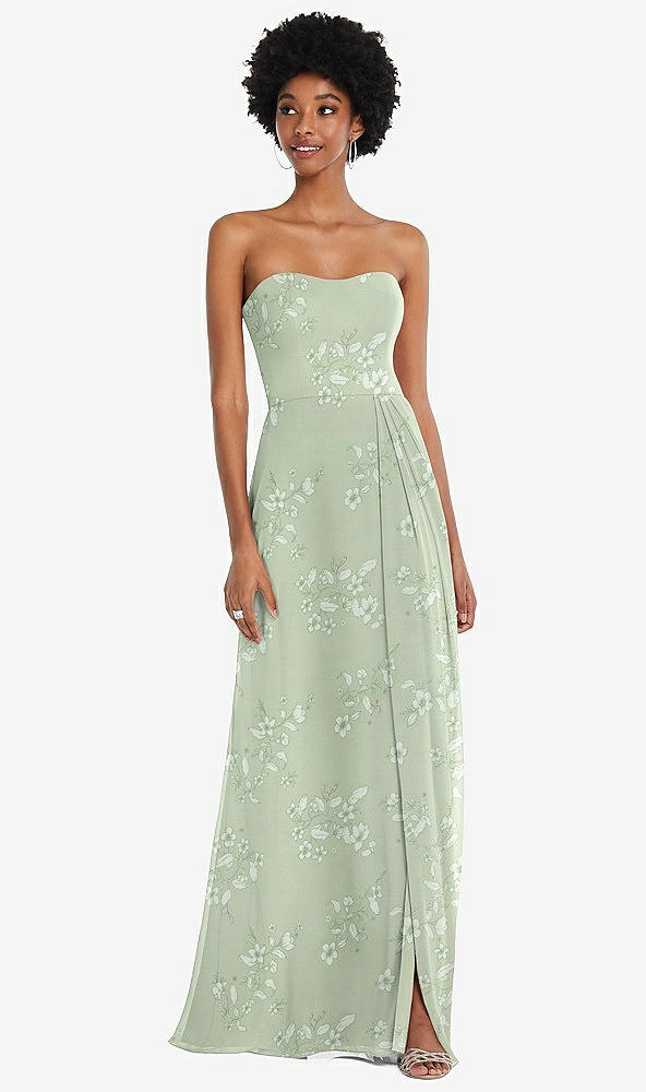 Front View - Vintage Primrose Sage Strapless Sweetheart Maxi Dress with Pleated Front Slit 