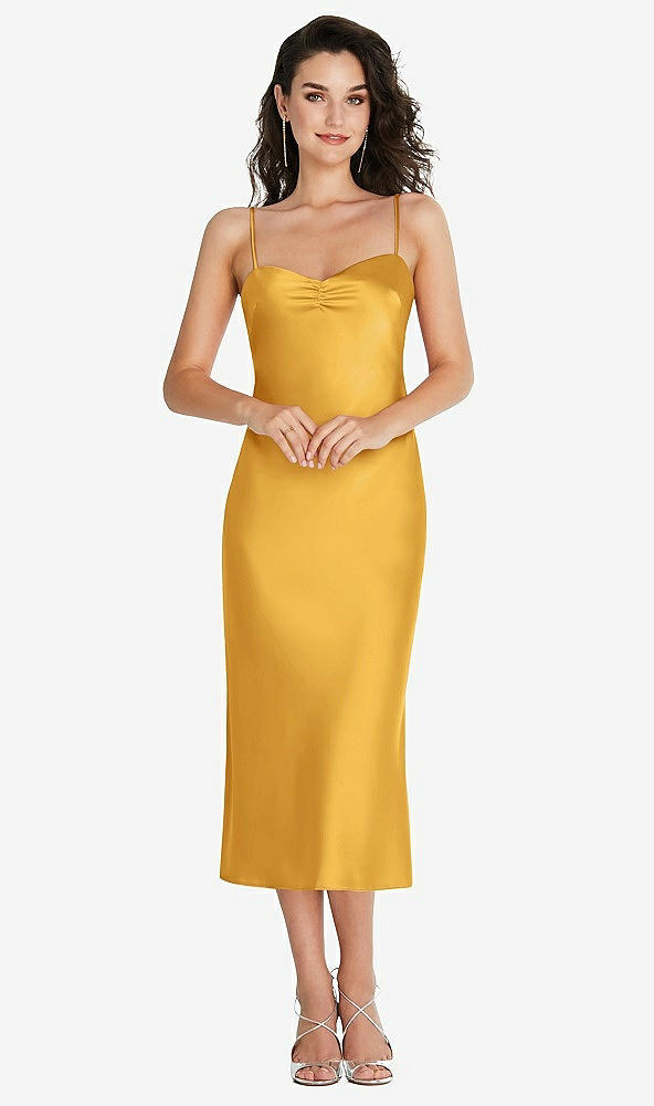 Front View - NYC Yellow Open-Back Convertible Strap Midi Bias Slip Dress