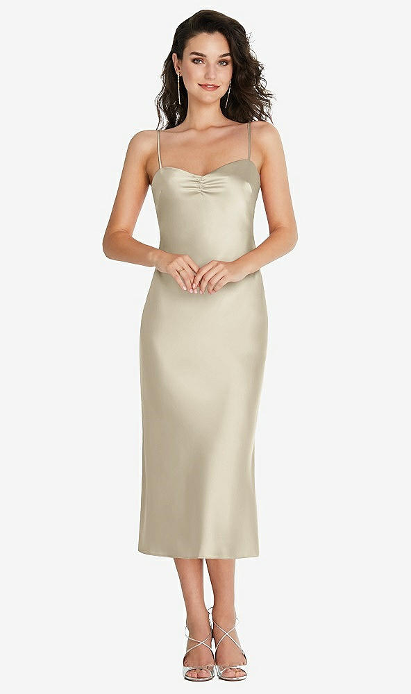 Front View - Champagne Open-Back Convertible Strap Midi Bias Slip Dress