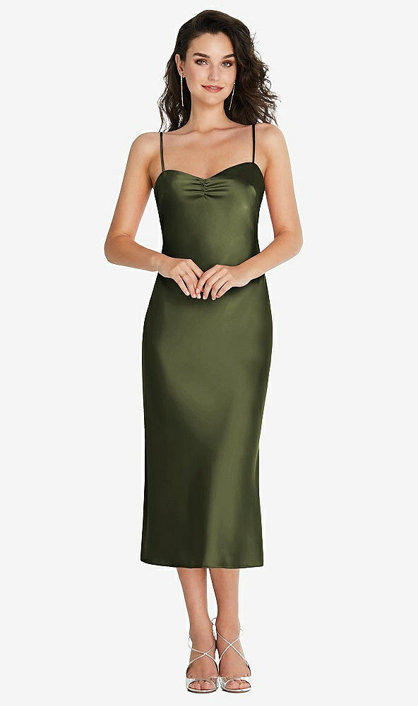 Front View - Olive Green Open-Back Convertible Strap Midi Bias Slip Dress