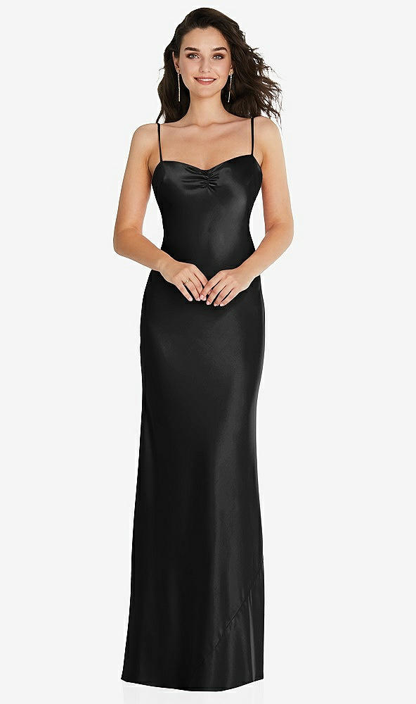 Front View - Black Open-Back Convertible Strap Maxi Bias Slip Dress