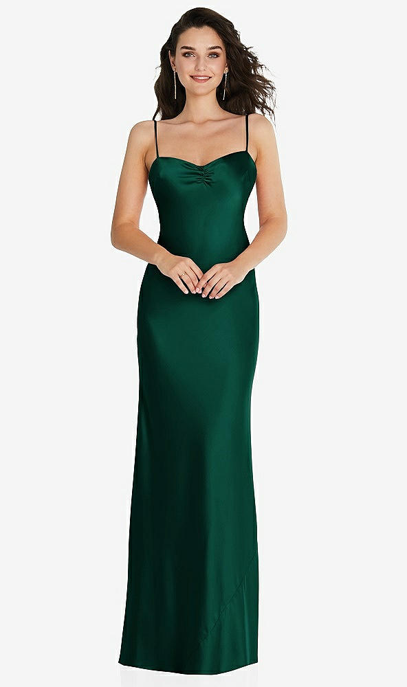 Front View - Hunter Green Open-Back Convertible Strap Maxi Bias Slip Dress