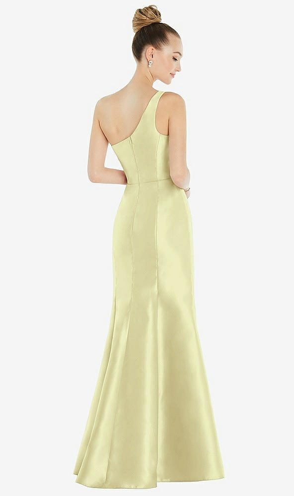 Back View - Butter Yellow Draped One-Shoulder Satin Trumpet Gown with Front Slit