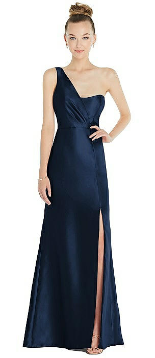 Draped One-Shoulder Satin Trumpet Gown with Front Slit