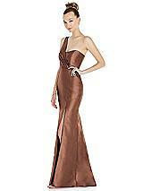 Side View Thumbnail - Cognac Draped One-Shoulder Satin Trumpet Gown with Front Slit