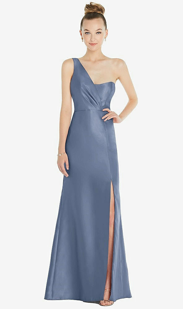 Front View - Larkspur Blue Draped One-Shoulder Satin Trumpet Gown with Front Slit