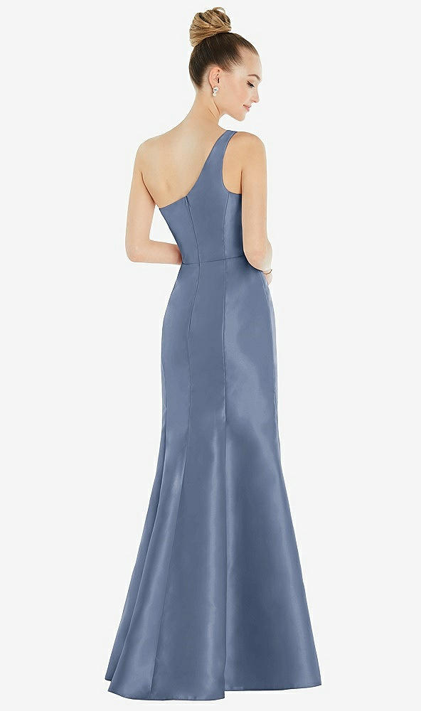 Back View - Larkspur Blue Draped One-Shoulder Satin Trumpet Gown with Front Slit