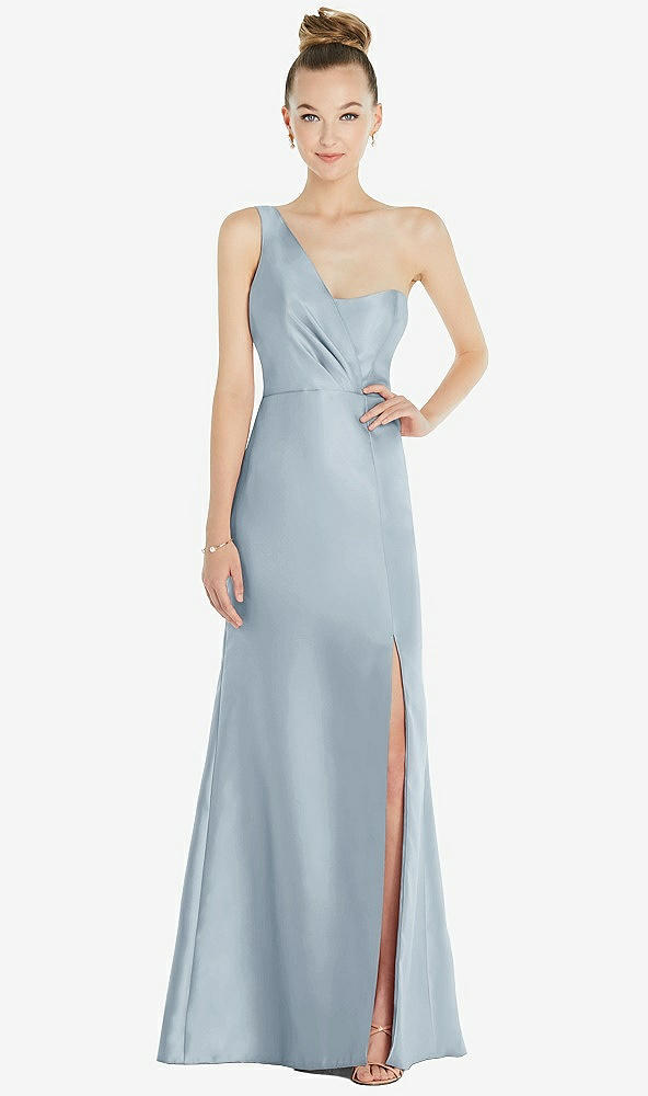 Front View - Mist Draped One-Shoulder Satin Trumpet Gown with Front Slit