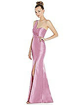 Side View Thumbnail - Powder Pink Draped One-Shoulder Satin Trumpet Gown with Front Slit