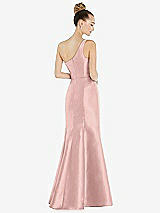 Rear View Thumbnail - Rose - PANTONE Rose Quartz Draped One-Shoulder Satin Trumpet Gown with Front Slit