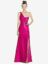 Front View Thumbnail - Think Pink Draped One-Shoulder Satin Trumpet Gown with Front Slit