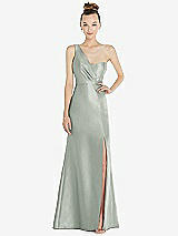 Front View Thumbnail - Willow Green Draped One-Shoulder Satin Trumpet Gown with Front Slit