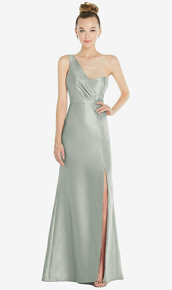 Front View - Willow Green Draped One-Shoulder Satin Trumpet Gown with Front Slit