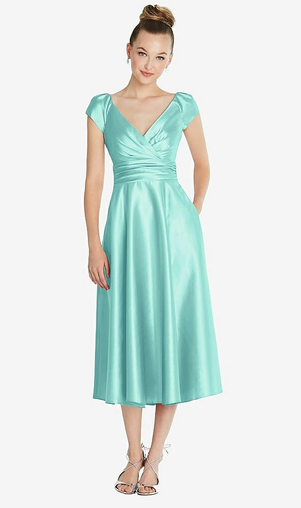 Front View - Coastal Cap Sleeve Faux Wrap Satin Midi Dress with Pockets