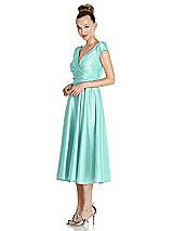 Side View Thumbnail - Coastal Cap Sleeve Faux Wrap Satin Midi Dress with Pockets