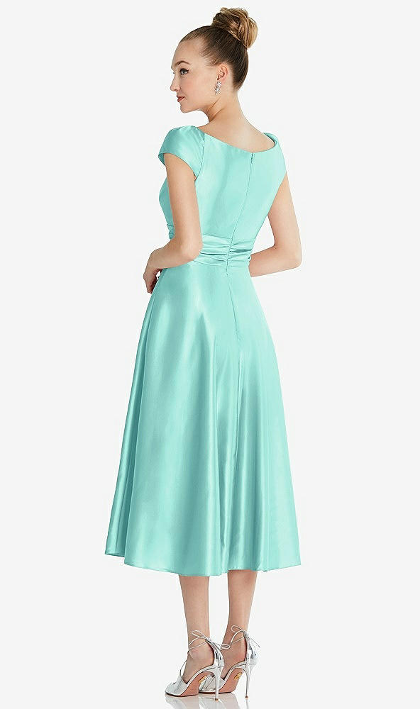 Back View - Coastal Cap Sleeve Faux Wrap Satin Midi Dress with Pockets