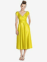 Front View Thumbnail - Citrus Cap Sleeve Faux Wrap Satin Midi Dress with Pockets