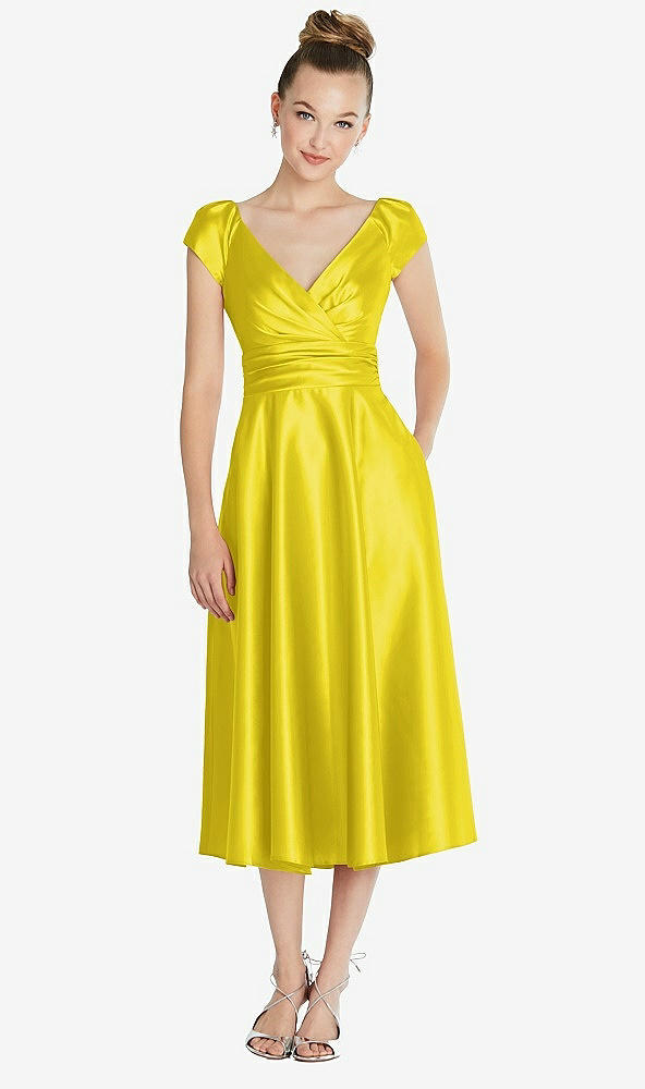 Front View - Citrus Cap Sleeve Faux Wrap Satin Midi Dress with Pockets