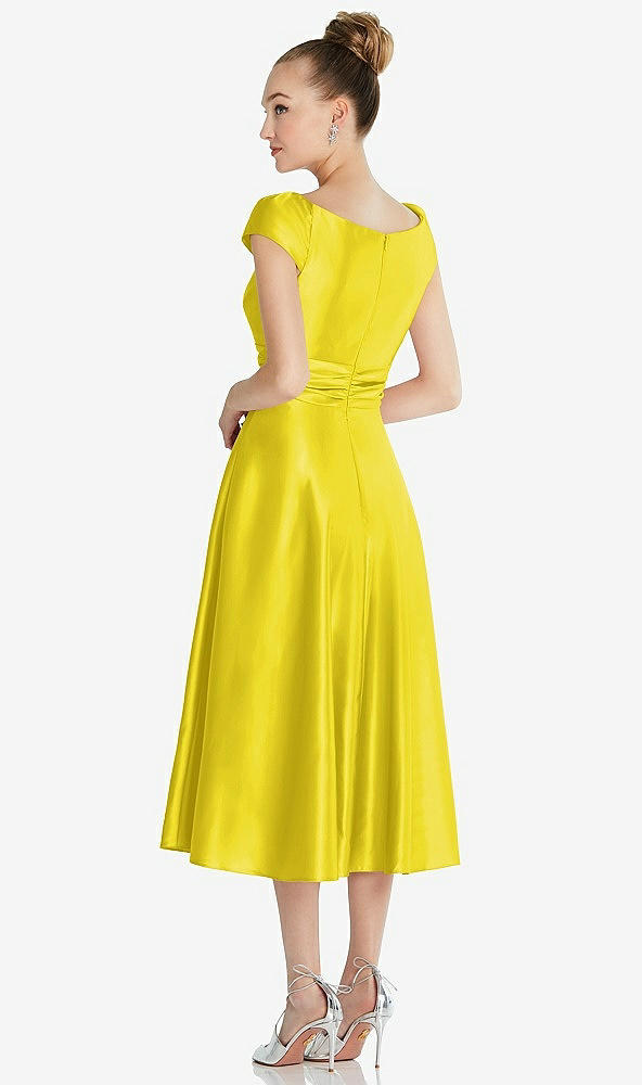 Back View - Citrus Cap Sleeve Faux Wrap Satin Midi Dress with Pockets